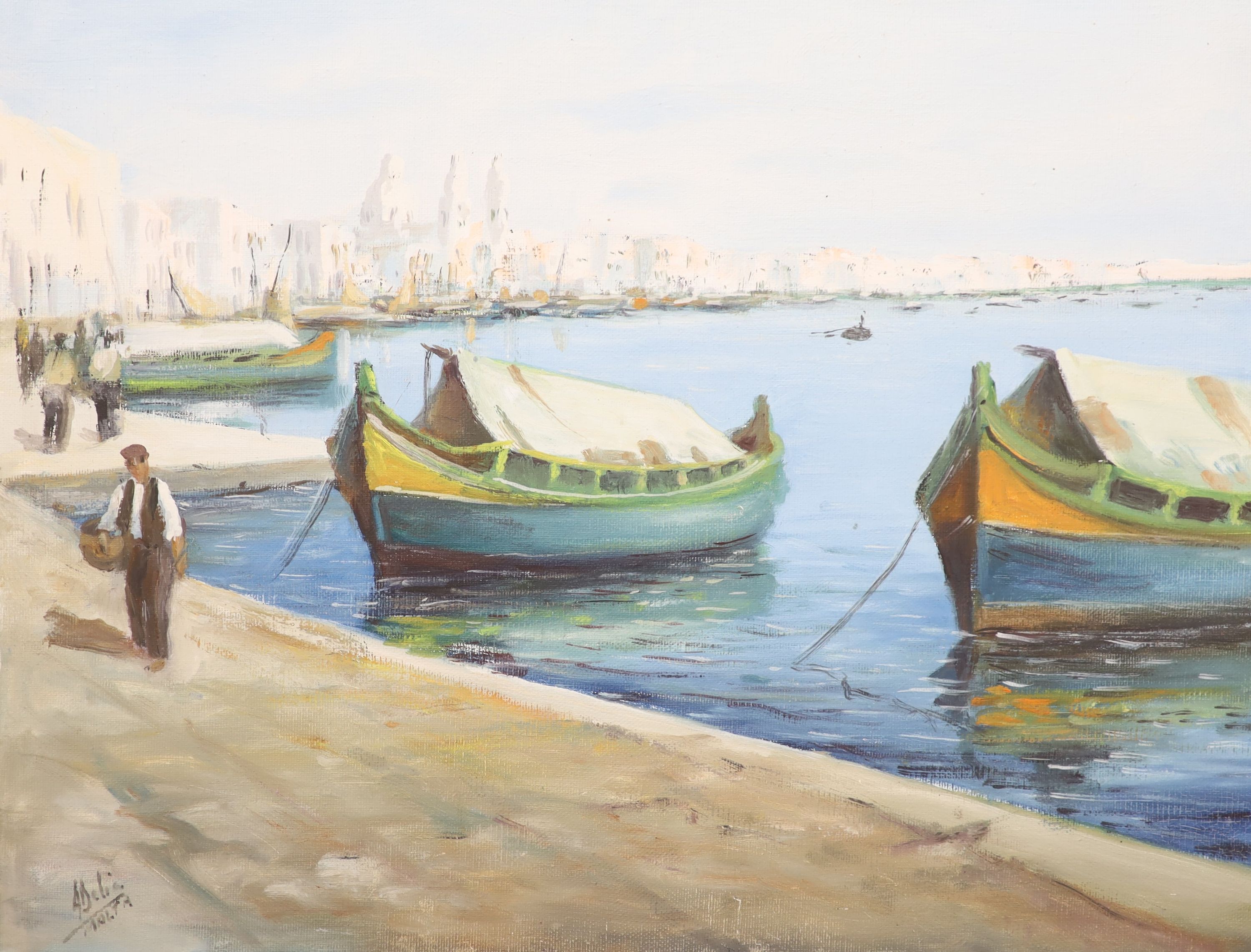 Albert Delia (Maltese, 1934-) oil on canvas, Valetta harbour, signed, 35 x 45cm and two views of Venice by other hands.